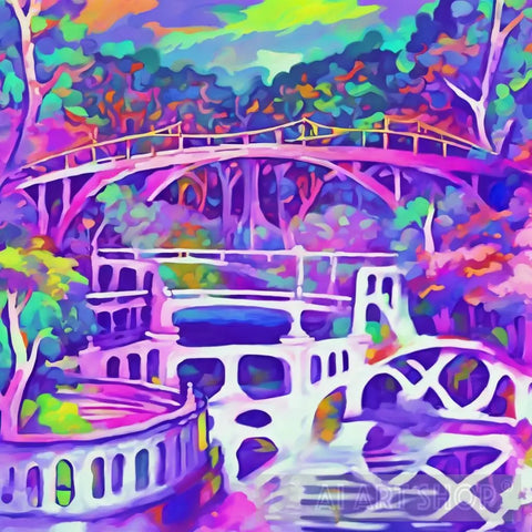 Neon River Bridge Painting Ai