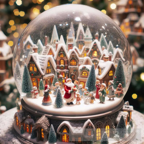 Nostalgic Snowfall Enchanted Snow Globe Village With Santas Celebration Ai Artwork