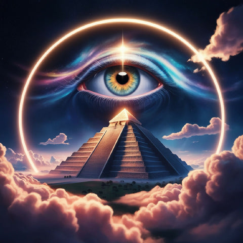 A giant, all-seeing eye, emanating a divine light, looking at a majestic pyramid from the space.