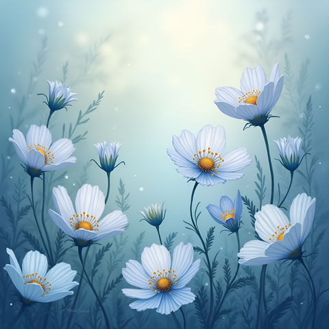 Delicate cosmos flowers bloom on a blue backdrop, capturing the essence of a serene and enchanting meadow scene. Generative Al