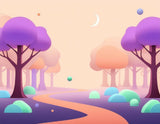 An expansive view of a dense, misty forest with towering ancient trees and a winding path