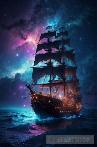 Ocean Of Wonders: Pirate Ship At Night Ai Artwork