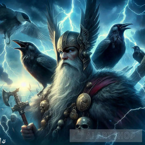 Odin With His Two Ravens Ai Artwork