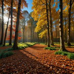 A vibrant autumn forest with a carpet of fallen leaves and a clear blue sky (2)