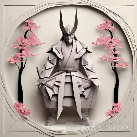 Origami Samurai Against A Circular Background With Cherry Tress Ai Artwork