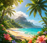 tropical jungle beach photography backdrop with lush palm trees and exotic flowers