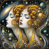 DALL·E 2024-12-04 19.44.32 - Ein surrealistisches, quadratisches Bild im Stil von Gustav Klimt mit zwei Frauengesichtern im Halbprofil. Die Frauen haben elegante, ornamentale Deta