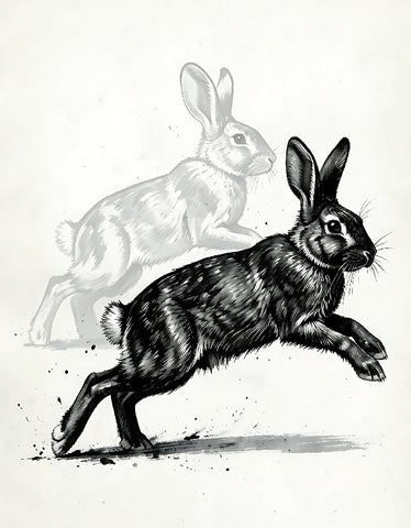 Dynamic Running Rabbits Ink Illustration