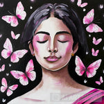 Painting Illustration Of Woman With Eyes Closed And Pink Butterflies Ai