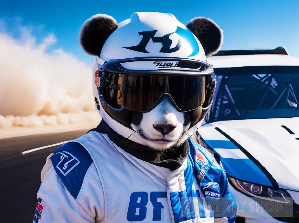 The Need for Speed: Panda Racer's Portrait with Racing Car
