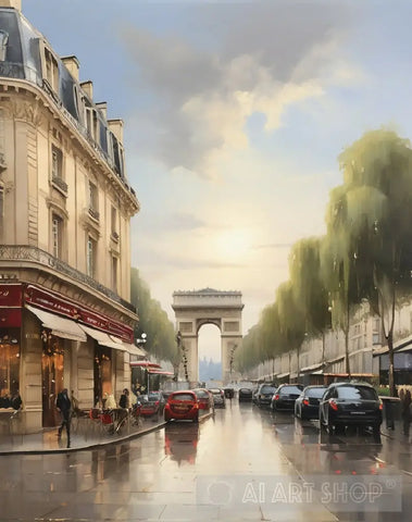 Paris City France Pedestrians Cafes Restaurants Trees Buildings Street.The Sidewalk.oil Colours.13