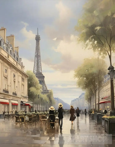 Paris City France Pedestrians Cafes Restaurants Trees Buildings Street.The Sidewalk.oil Colours.15