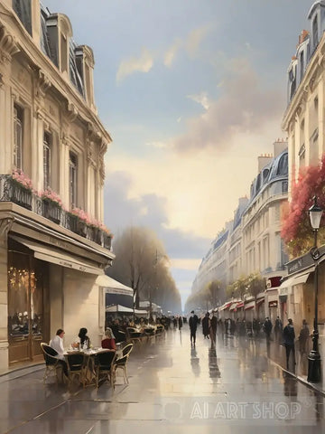 Paris City France Pedestrians Cafes Restaurants Trees Buildings Street.The Sidewalk.oil Colours.17