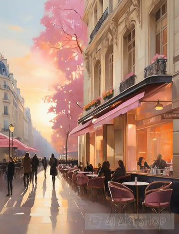 Paris City France Pedestrians Cafes Restaurants Trees Buildings Street.The Sidewalk.oil Colours.19