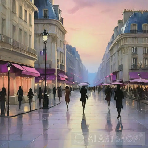 Paris City France Pedestrians Cafes Restaurants Trees Buildings Street.The Sidewalk.oil Colours.5