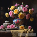 Pastel Roses In Pink Yellow And White Still Life Ai Art