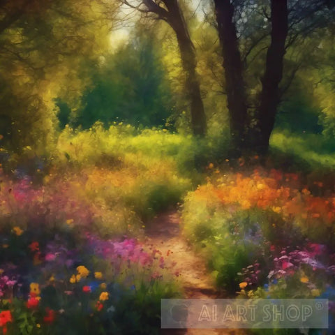 Pathway Through Woodland Wildflowers Landscape Ai Art
