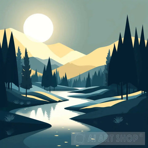 Peaceful Blue And Gold Valley View At Dawn Landscape Ai Art