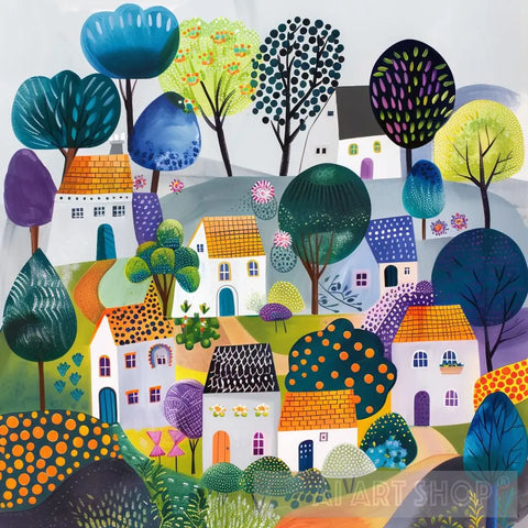 Peaceful Village Gardens - Naïf Folk Art Modern Ai