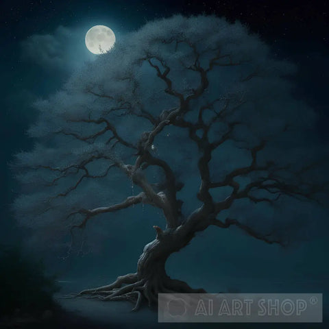 Pearl Tree In Night With Bright Moon Nature Ai Art