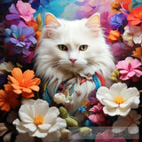 Picture Of A Beautiful White Cat Surrounded By Colorful Flowers For Phone Background Ai Painting