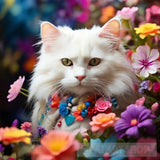 Picture Of A Beautiful White Cat Surrounded By Colorful Flowers For Phone Background Ai Painting