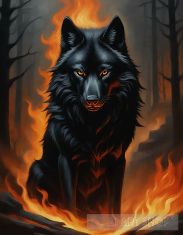 Picture Of A Mystical Black Wolf On Fire Animal Ai Art