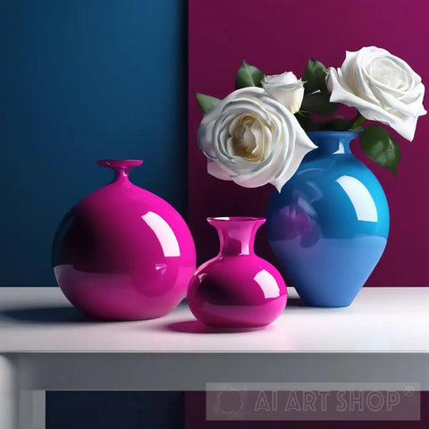 Pink And Blue Bouquet Vases With White Roses Still Life Ai Art