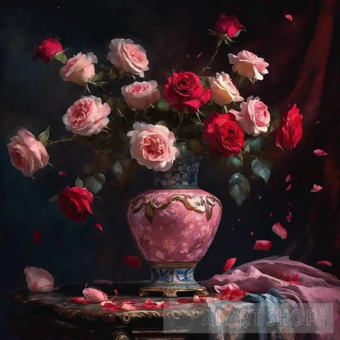 Pink And Red Roses In Porcelain Vase Still Life Ai Art