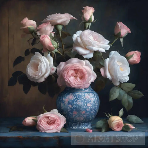 Pink And White Roses On Blue Table Still Life Ai Art