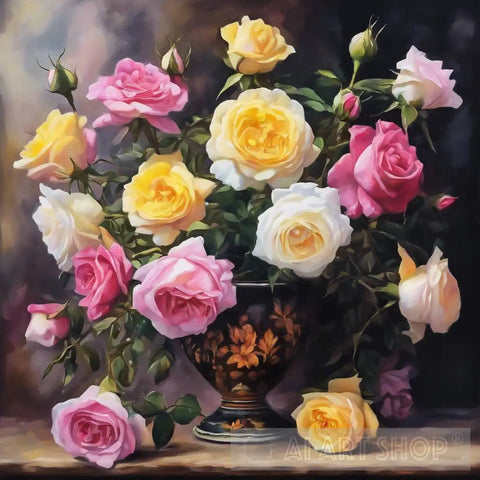 Pink And Yellow Damask Roses In Black Vase Still Life Ai Art