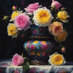 Pink And Yellow Damask Roses In Flower Patterned Vase Still Life Ai Art