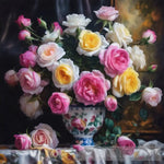 Pink And Yellow Damask Roses In Patterned Vase Still Life Ai Art