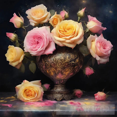 Pink And Yellow Damask Roses On Marble Tabletop Still Life Ai Art