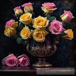 Pink And Yellow Roses In Decorative Gold Vase Still Life Ai Art