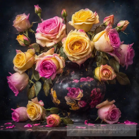 Pink And Yelow Damask Roses In Decorative Jug Still Life Ai Art