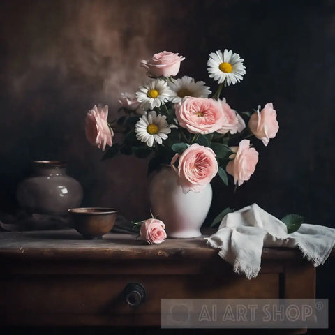Pink Roses And White Daisies On Wooden Desk Still Life Ai Art
