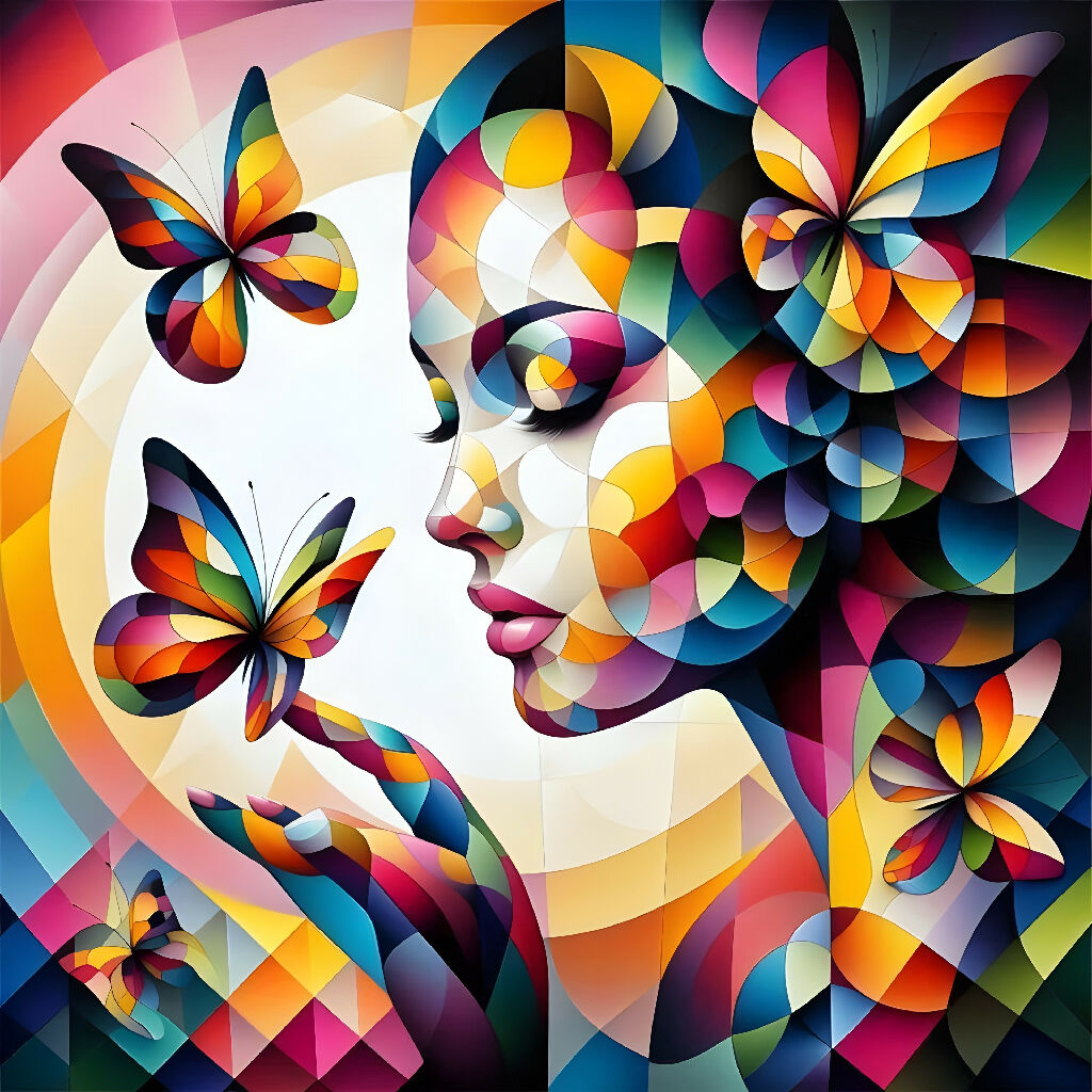 Abstract Woman with Butterflies Vibrant Geometric Digital Artwork