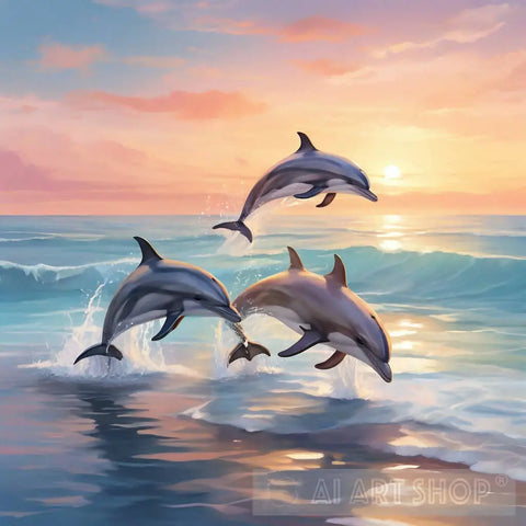 Playful Dolphin Dance At Sunrise Ai Artwork