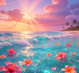 fantasy tropical beach photography backdrop with glowing turquoise water and floating tropical flowers