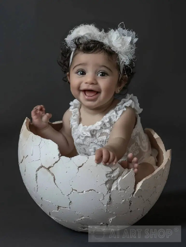 Portrait for a baby girl nestled within a cracked eggshell