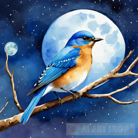 Portrait Of A Blue Bird Sitting On Tree Branch Ai Artwork