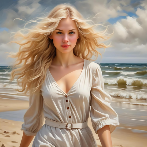 Elegant Blond Woman Walking on the Beach—Seaside Art