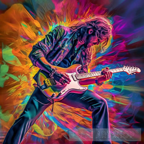 Psychedelic Strings: Mesmerizing Wall Art Of A Rockstar Strumming The Colours Ai Artwork