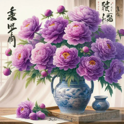 Purple Peonies In A Ming Vase Still Life Ai Artwork