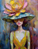 pop art style painting of a surreal fashion illustration with glamourous hat and big flower, soft pa 18-02-2025 at 12-45-57
