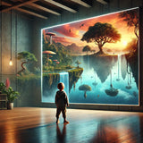 DALL·E 2024-12-04 18.44.15 - A photorealistic surrealistic scene of a child standing in front of a giant mirror. The mirror reflects an alternative, surreal world where nature is 