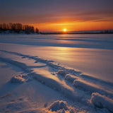 A vibrant sunset over a snowy landscape, casting a warm glow on the snow (1)