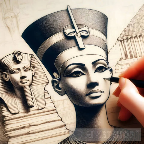 Queen Nefertiti Of Egypt With The Sphinx Behind Her Ai Painting