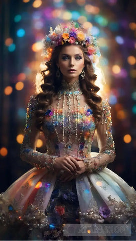 Queen Wearing Magical Fantasy Light Rainbow Dress Portrait Ai Art